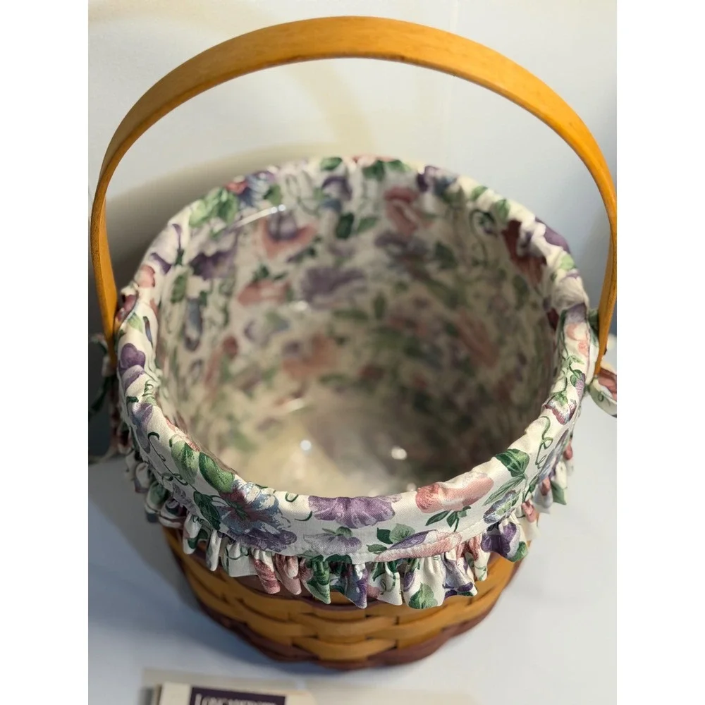 VTG Longaberger 96' May Series Sweet Pea Basket Brown Floral Liner Ceramic TieOn
